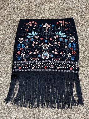 SHEIN Black Western Mini Skirt with Multicolor Floral Embroidery & Fringe